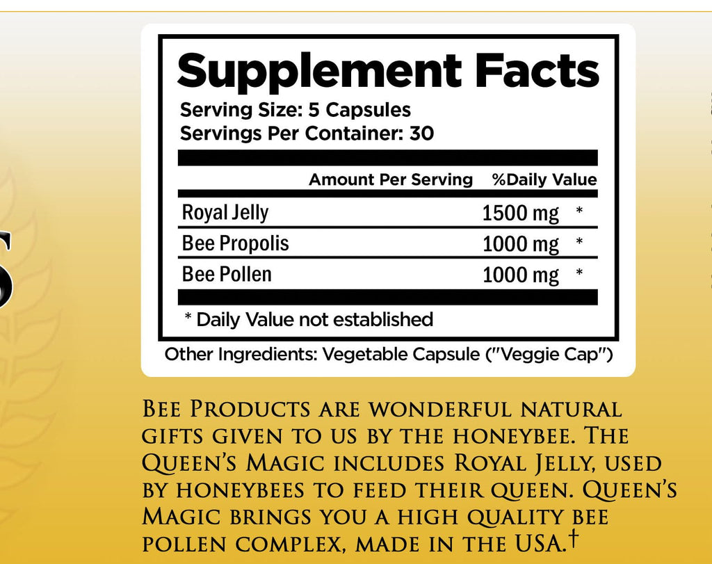 Eden Pond Queen's Magic Bee Pollen (Royal Jelly 1500mg, Propolis 1000mg, Beepollen 750mg) in 3 Daily Capsules, 120 Count