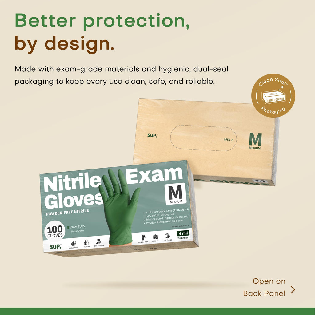 SUP Powder-Free Nitrile Exam Gloves, 100 Count Food Safe Latex-Free Disposable Gloves for Medical Cooking Household Cleaning Food Prep, Green (Medium)