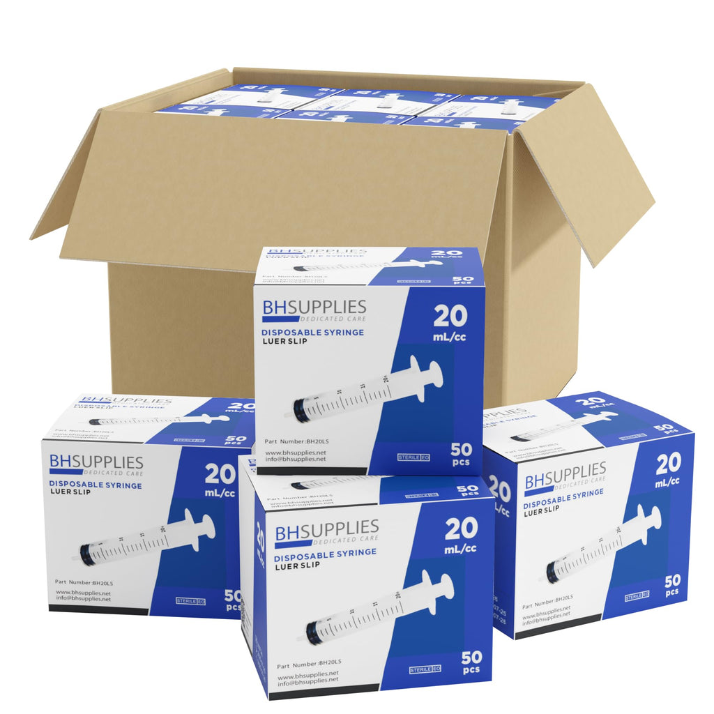 Bulk Case: BH Supplies 20mL Sterile Luer Slip Syringe - Individually Wrapped (600 Syringes, 12 Boxes of 50 Units)