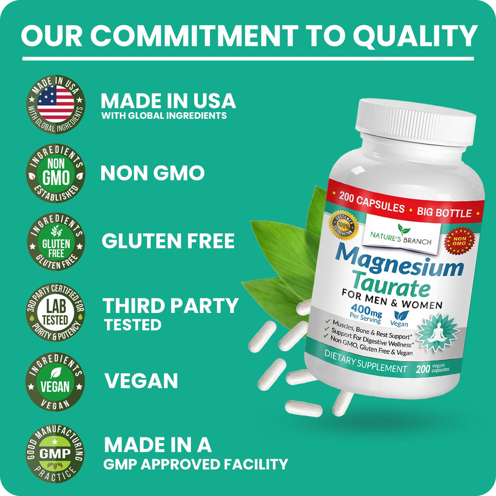 Magnesium Taurate 400mg | High Absorption | 200 Capsules for Sleep, Heart Health, Calm, Joint Supplement for Women and Men | Pure Elemental Mag Powder Plus Taurine - Extra Strength Pills