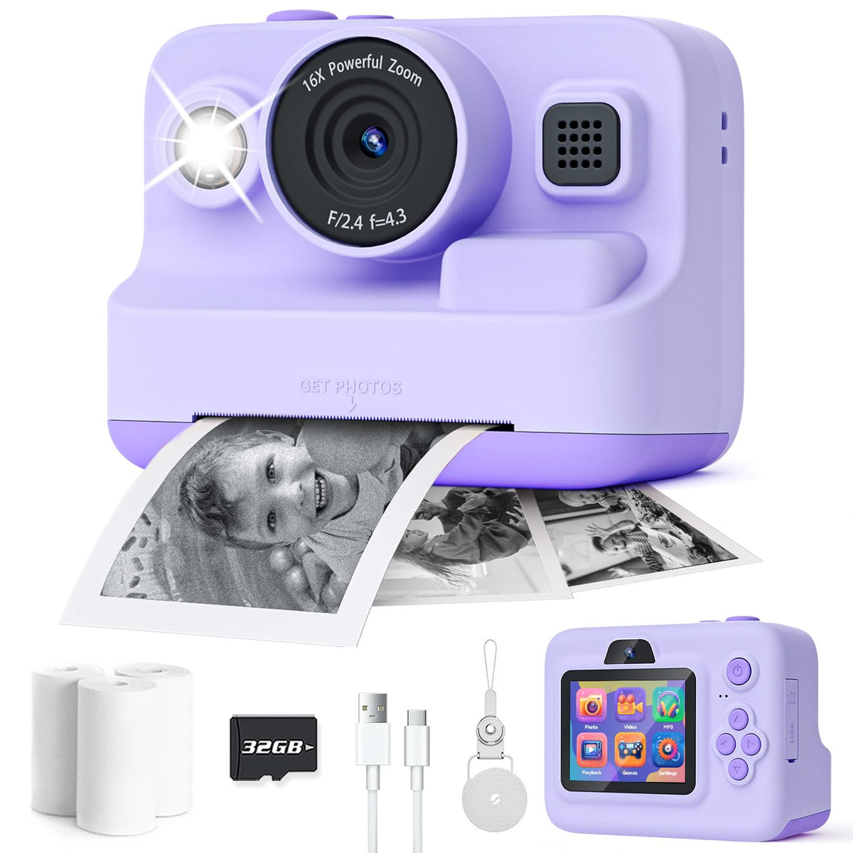 Instant Print Camera for Kids,2.4 Inch Screen Kids Instant Cameras, Christmas Birthday Gifts for Girls Age 3-12, Portable Toddler Toy for 3 4 5 6 7 8 9 10 Year Old Girls Boys Purple