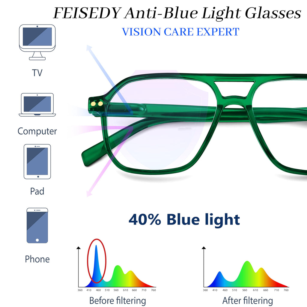 FEISEDY Retro Aviator Reading Glasses Square Readers with Spring Hinge Blue Light Reading Glass for Women Men B0068 Green 1.5x