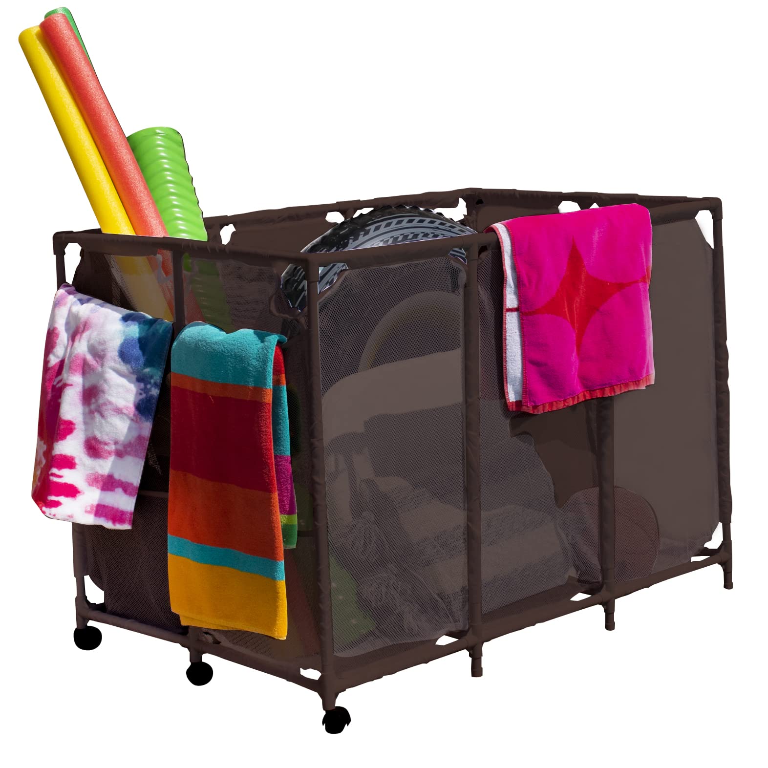 Essentially Yours Pool Noodles Holder, Toys, Floats, Balls and Floats Equipment Mesh Rolling Storage Organizer Bin, XXL, Brown Style 455119