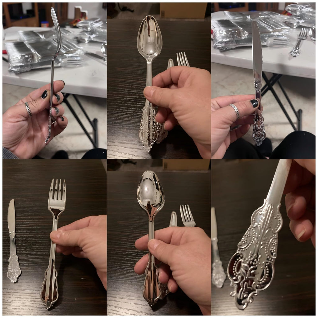 WDF 360 Pieces Silver Plastic Silverware- Disposable Flatware - Heavyweight Plastic Cutlery- Includes 120 Forks, 120 Spoons, 120 Knives for Christmas