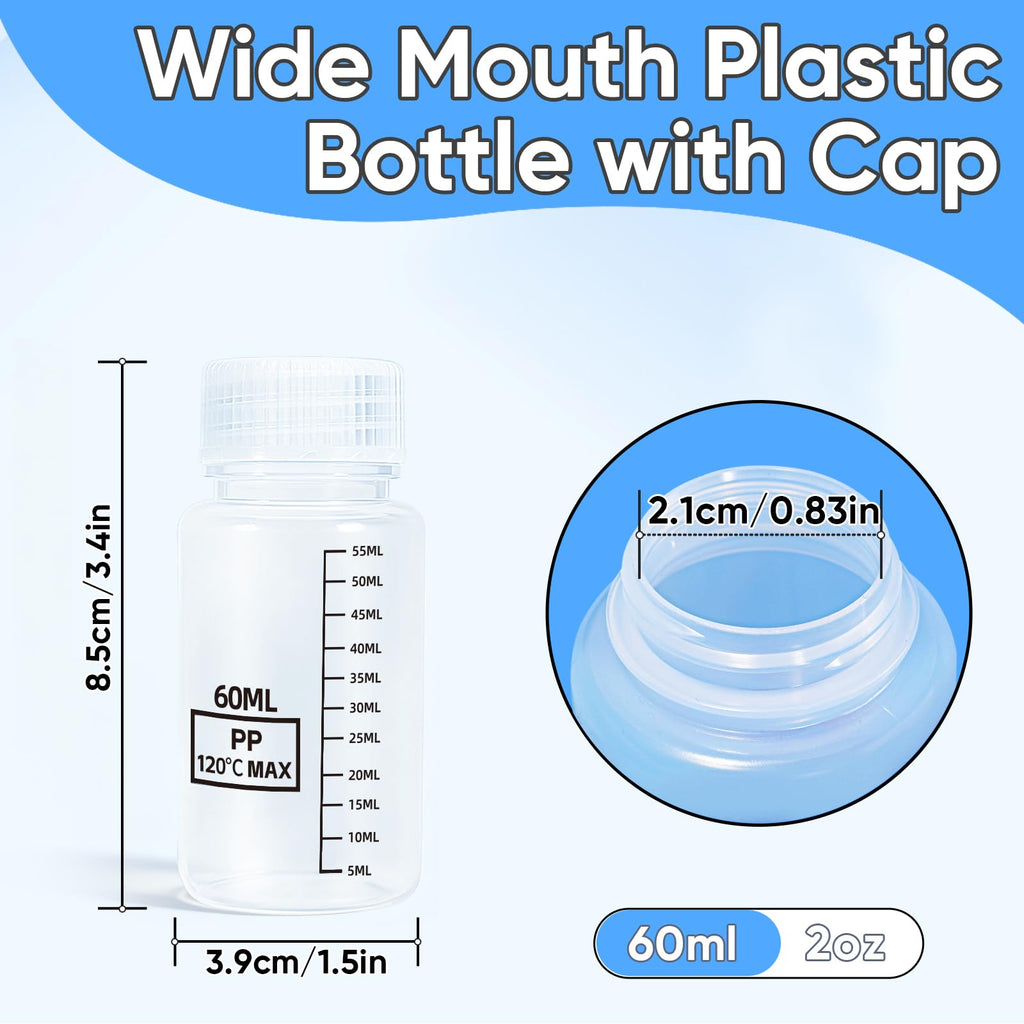 DEMORA Plastic Bottles with Airtight Caps 2oz/60ml, Food Grade Wide Mouth Liquid Containers, Reusable PP Graduated Measuring Bottles for Water Sample Lab Reagent Liquids Mixing (Clear, 4 Pcs)