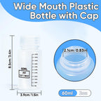 DEMORA Plastic Bottles with Airtight Caps 2oz/60ml, Food Grade Wide Mouth Liquid Containers, Reusable PP Graduated Measuring Bottles for Water Sample Lab Reagent Liquids Mixing (Clear, 4 Pcs)