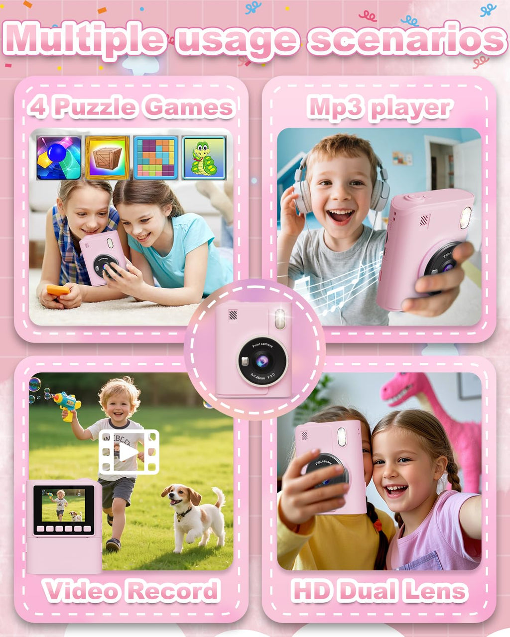 Instant Print Camera for Kids, 1080P Instant Digital Print Cameras for Toddler, Portable Toy for 4 5 6 7 8 9 10 Year Old Girl, Christmas Birthday Gifts for Girls Boys with SD Card Pink