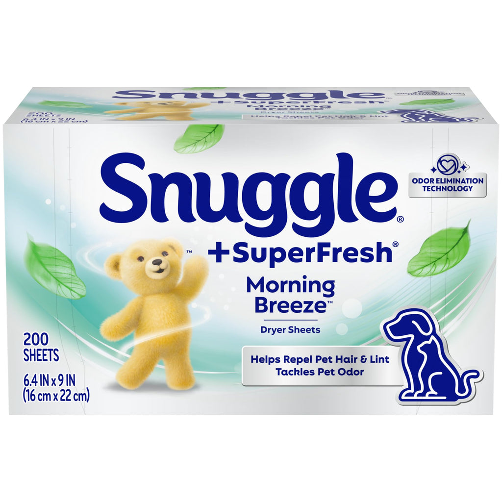 Snuggle SuperFresh Fabric Softener Dryer Sheets, Morning Breeze, Long-Lasting Fresh&Clean Scent, Tackles Pet Odor, Helps Repel Pet Hair, Reduces Static&Fights Wrinkles, HE Safe,200 Count (Pack of 6)