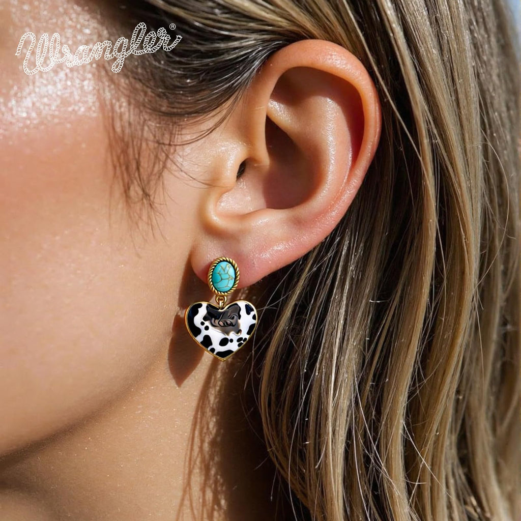 Wrangler Heart Drop Dangle Earrings, 14K Gold Turquoise Western Jewelry