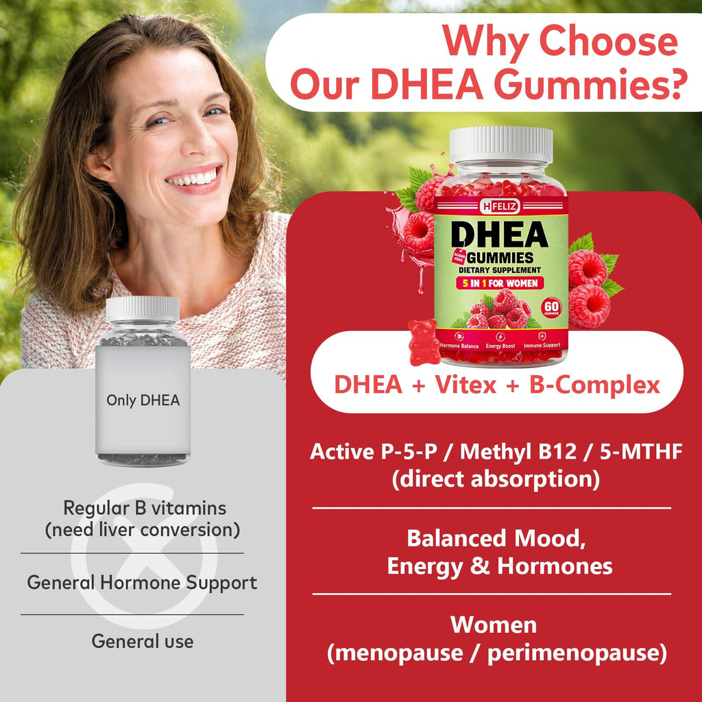 HFELIZ DHEA Supplement for Women, DHEA 25mg Gummies with B6, B12, Folate and Chasteberry for Energy Support, Vegan, Raspberry Flavor, 60 Count