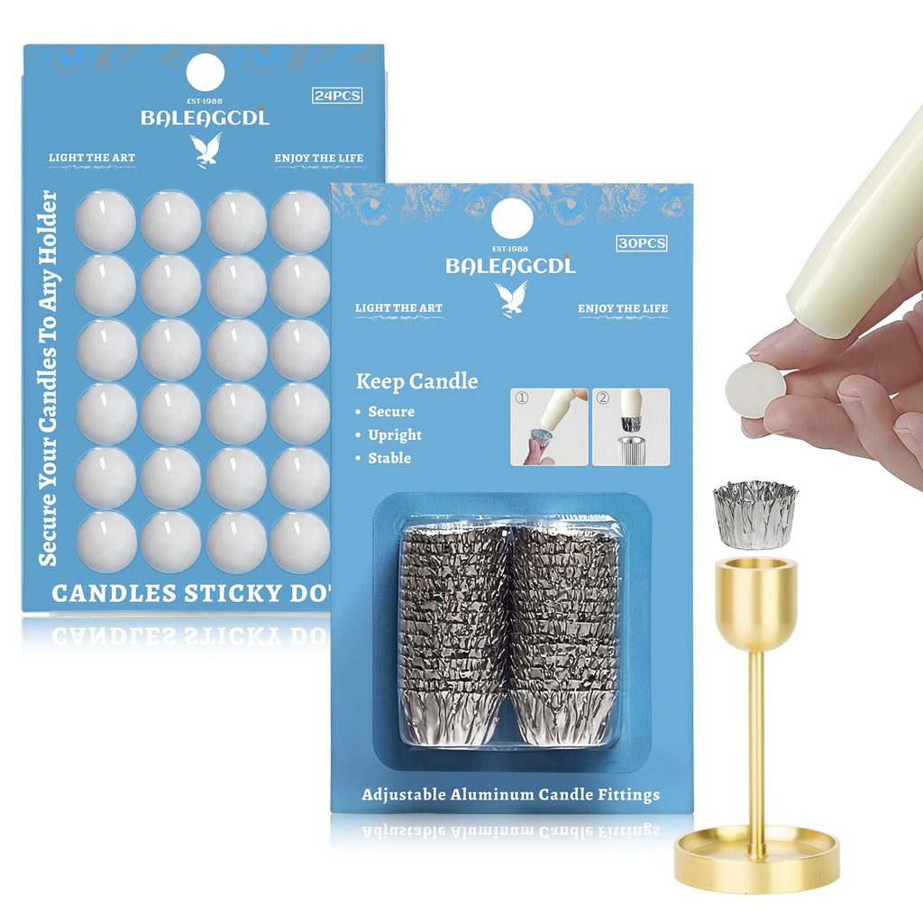 Taper Candle Fittings Set 30 Silver Bobeches & 24 White Sticky Dots for Secure Placement in Taper Candle Holders