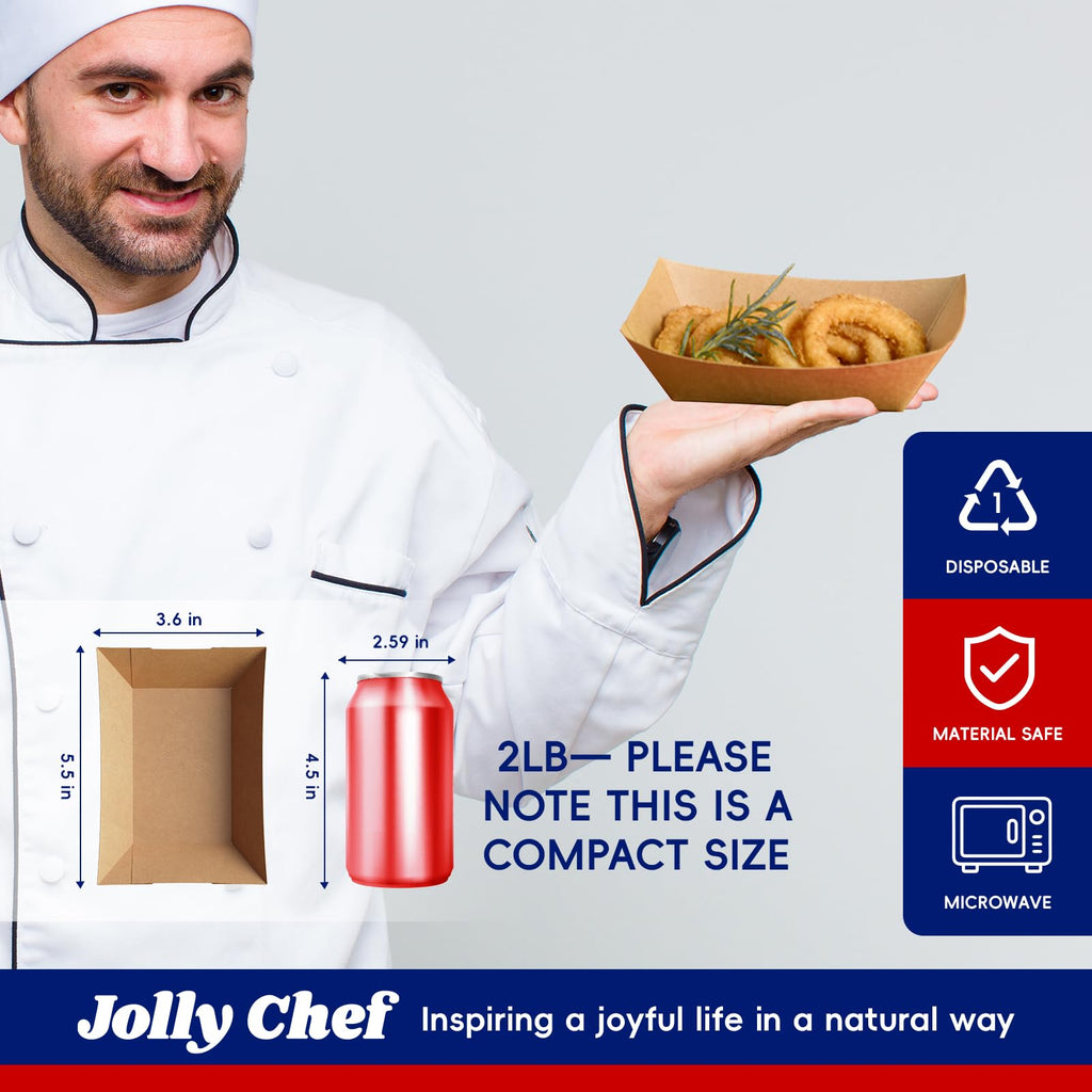 JOLLY CHEF 2lb Paper Food Trays, 250 Pack Disposable Paper Boat, Serving Boats for Gameday, Food Holder Trays for Snacks French Fries Nachos Hot Dog Tacos BBQ Party