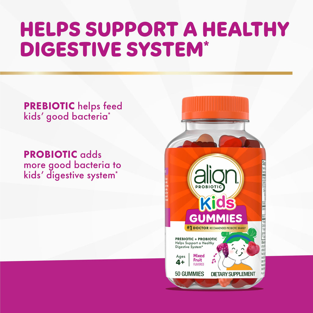 Align Probiotic, Kids Gummies, Prebiotic + Probiotic Helps Support a Healthy Digestive System*, #1 Doctor Recommended Probiotic Brand‡, 50 Gummies Packaging May Vary (Pack of 2)