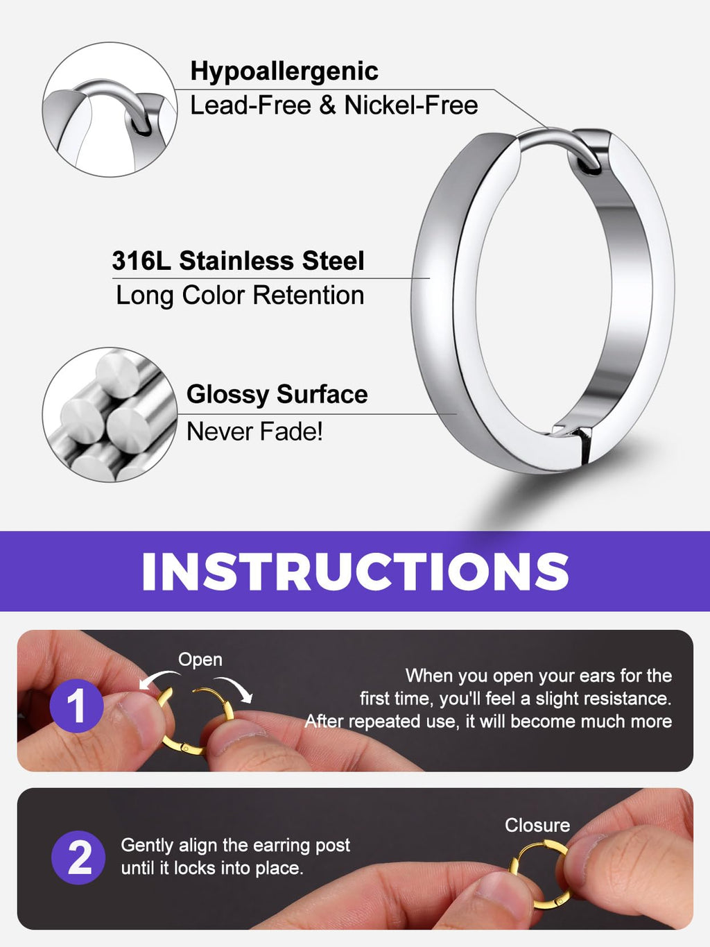 Richsteel 3 Pairs Mens Hoop Earrings Sets, Hypoallergenic Stainless Steel