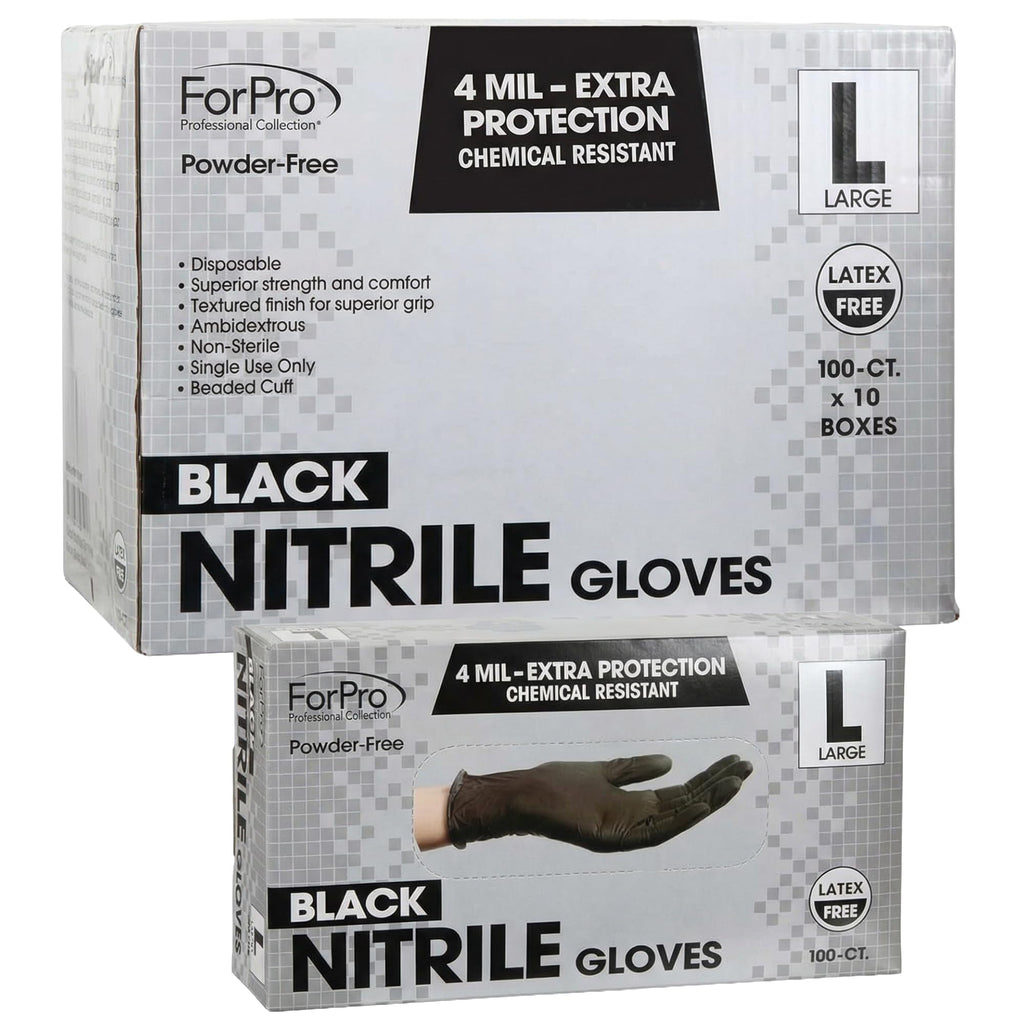 ForPro Professional Collection Disposable Nitrile Gloves, Chemical Resistant, Powder-Free, Latex-Free, Non-Sterile, Food Safe, 4 Mil, Black, Large, 1000-Count