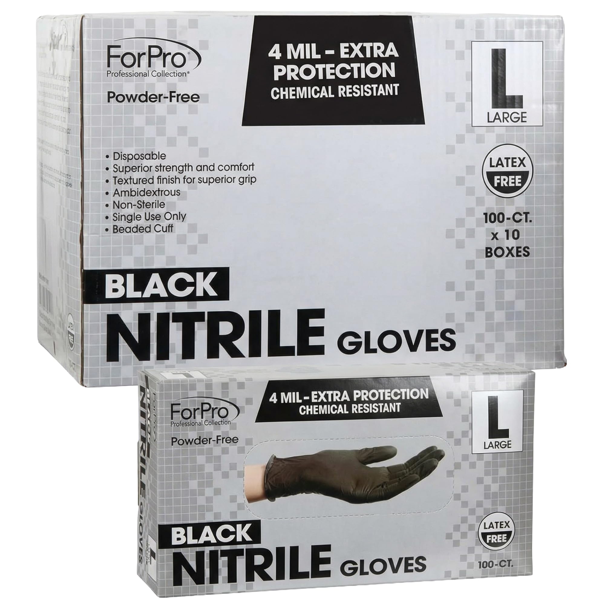 ForPro Professional Collection Disposable Nitrile Gloves, Chemical Resistant, Powder-Free, Latex-Free, Non-Sterile, Food Safe, 4 Mil, Black, Large, 1000-Count