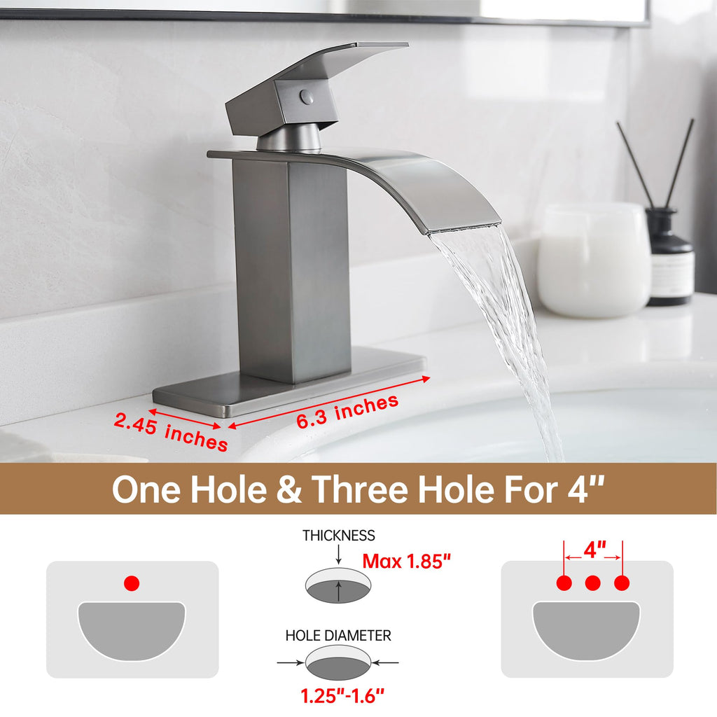FRANSITON Brushed Grey Waterfall Bathroom Faucet Lavatory Single Handle 1 or 3 Hole Bathroom Sink Faucet with Deck and Pop-up Drain (Brushed Grey, Short)