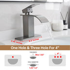 FRANSITON Brushed Grey Waterfall Bathroom Faucet Lavatory Single Handle 1 or 3 Hole Bathroom Sink Faucet with Deck and Pop-up Drain (Brushed Grey, Short)