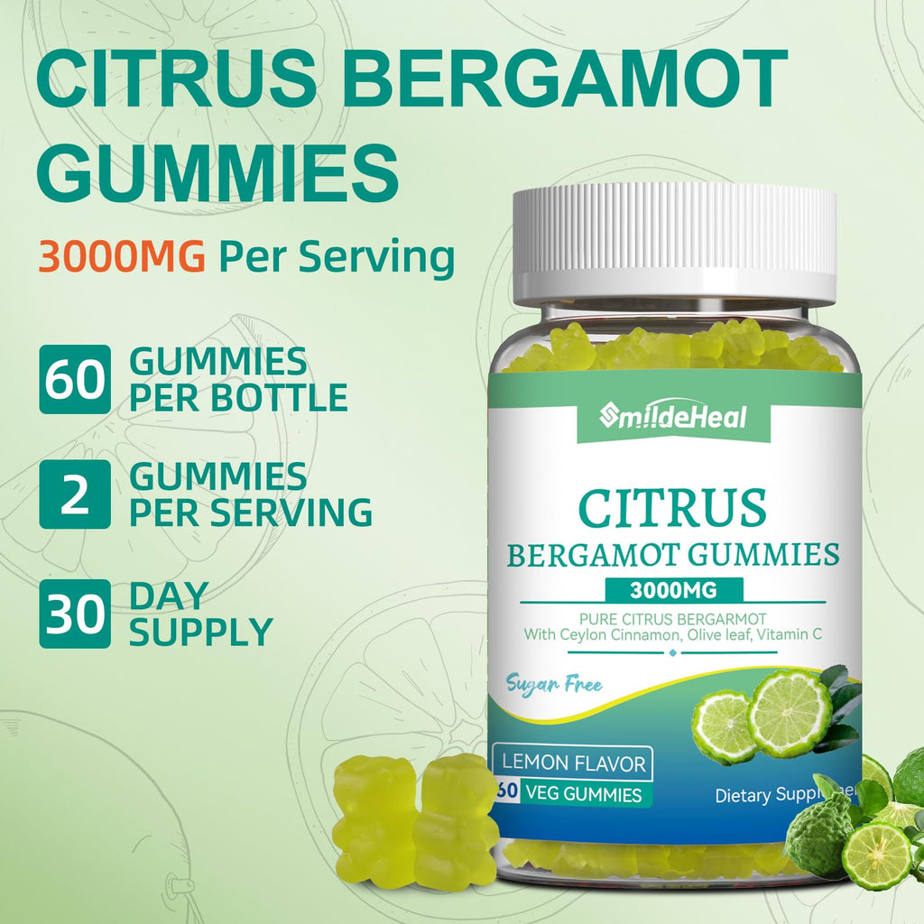 SmildeHeal Citrus Bergamot Gummies 3000mg, Bergamot Supplement for High Cholesterol, Cholesterol Lowering Supplement for Heart, Immune System & Anti-Aging, Sugar Free Vegan 120 Gummies