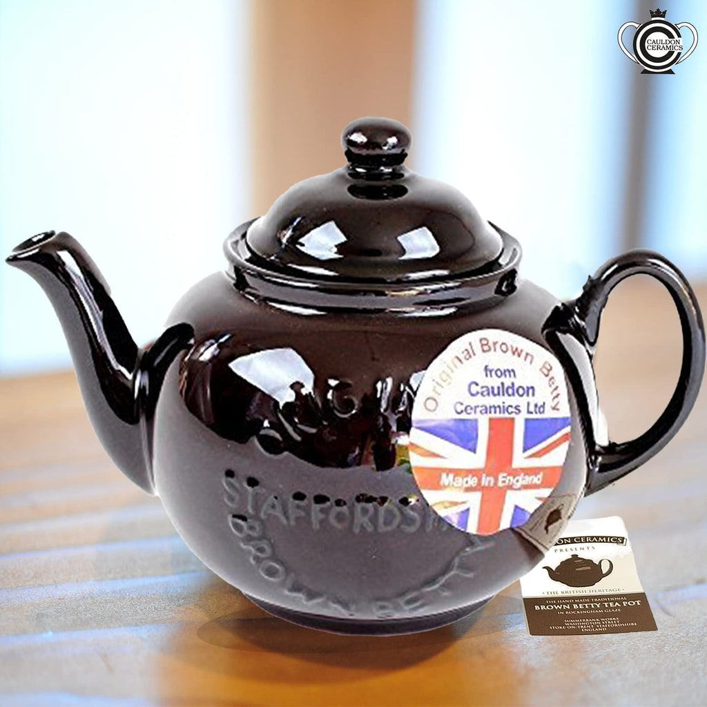 Cauldon Ceramics Classic Brown Betty Tea Pot | Hand Made 2 Cup Brown Betty Teapot with Logo | Made with Staffordshire Red Clay | Traditional Teapot | Authentic, Made in England Teapot | 20 Fl Oz