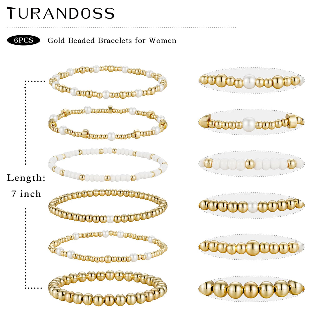 Turandoss 6PCS Gold Beaded Bracelets Set for Women, 14K Gold Plated