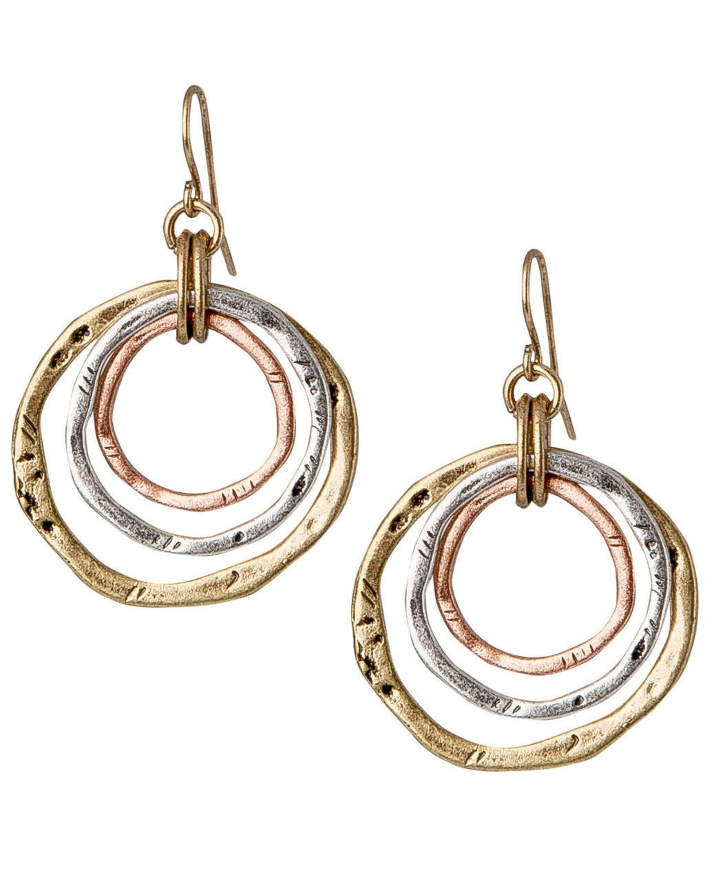 SPUNKYsoul 3 Circle Earrings for Women - Handmade, Lightweight 2-Inch Dangle - Bohemian Earrings - Trendy, Vintage, Unique Jewelry - Ideal for Weddings & Gifting - 3-toned(Gold, Silver, Copper)