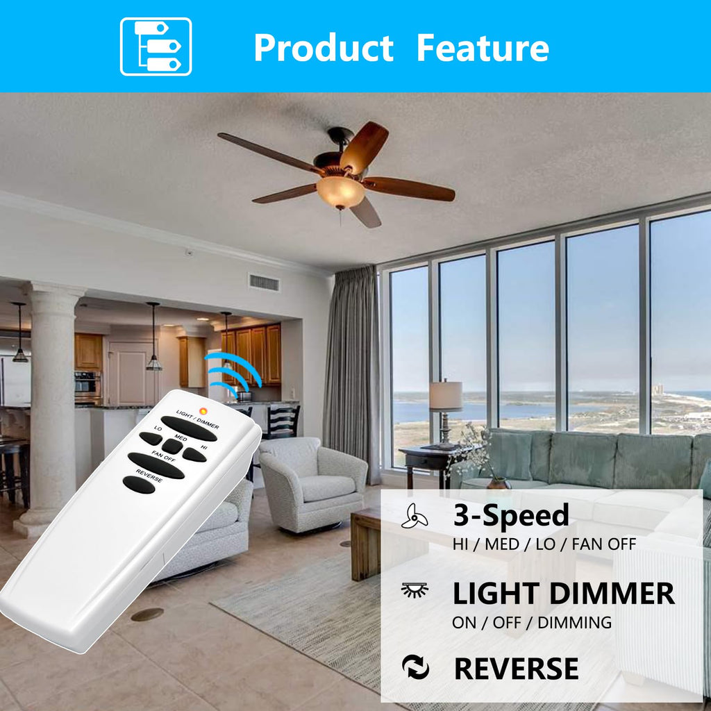 Replacement Remote for Hampton Bay Hunter Ceiling Fan Remote Control, 303.9MHz w/Reverse Light Dimmer 3-Speed Wall Mount, for UC7078T CHQ7078T CHQ8BT7078T L3H2010FANHD Fan-HD HD6(Remote Only)