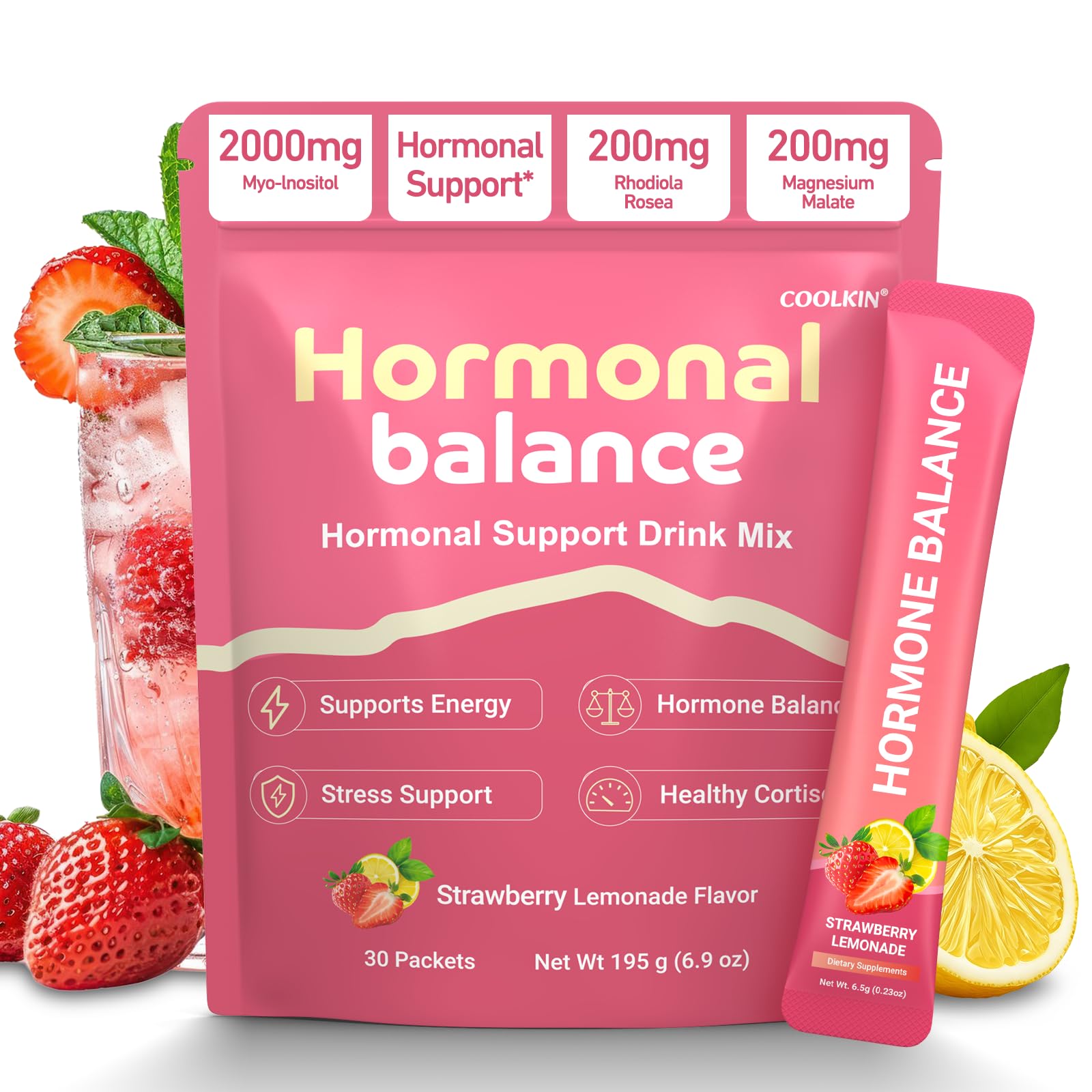 Hormone Balance for Women, Myo-Inositol Drink Mix with Magnesium, Rhodiola Rosea, Vitamin C, Cortisol Support Supplement, Vegan Sugar-Free Non-GMO, PMS Comfort, Menopause Wellness & Mood Balance 30psc