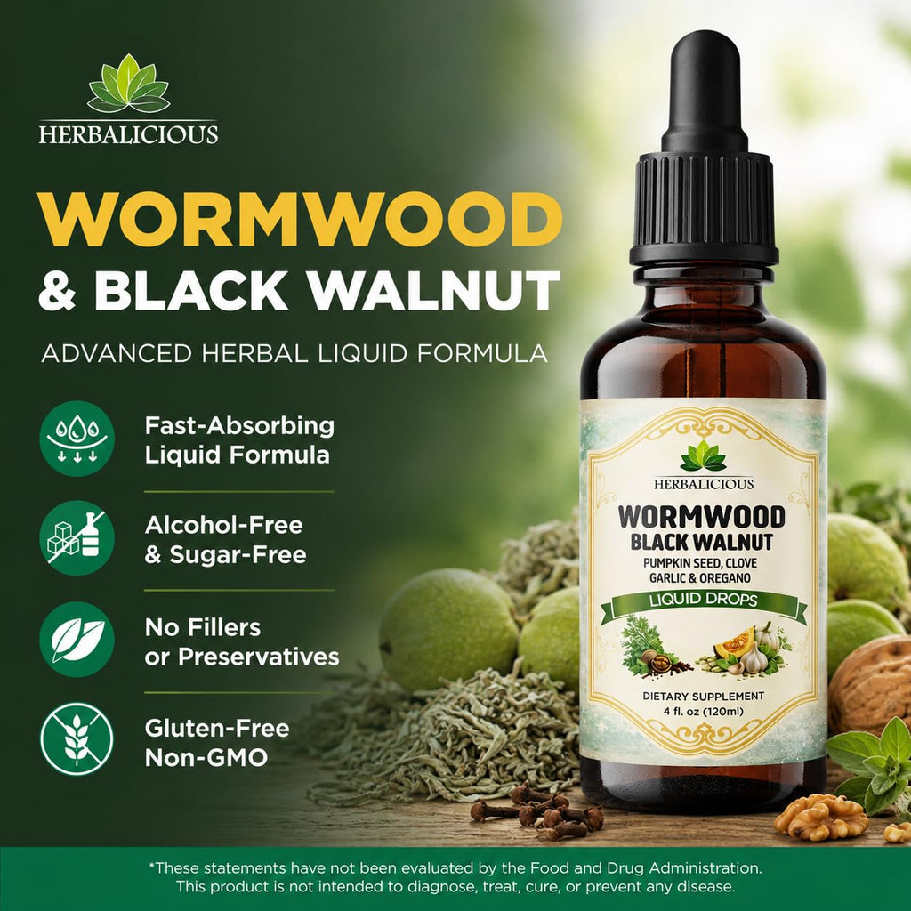 HEBRALICIOUS Wormwood Black Walnut Clove Parasite Cleanse – Herbal Liquid Drops with Pumpkin Seed, Garlic & Oregano Oil – Alcohol-Free Tincture Supplement, 4 fl oz (120 ml)