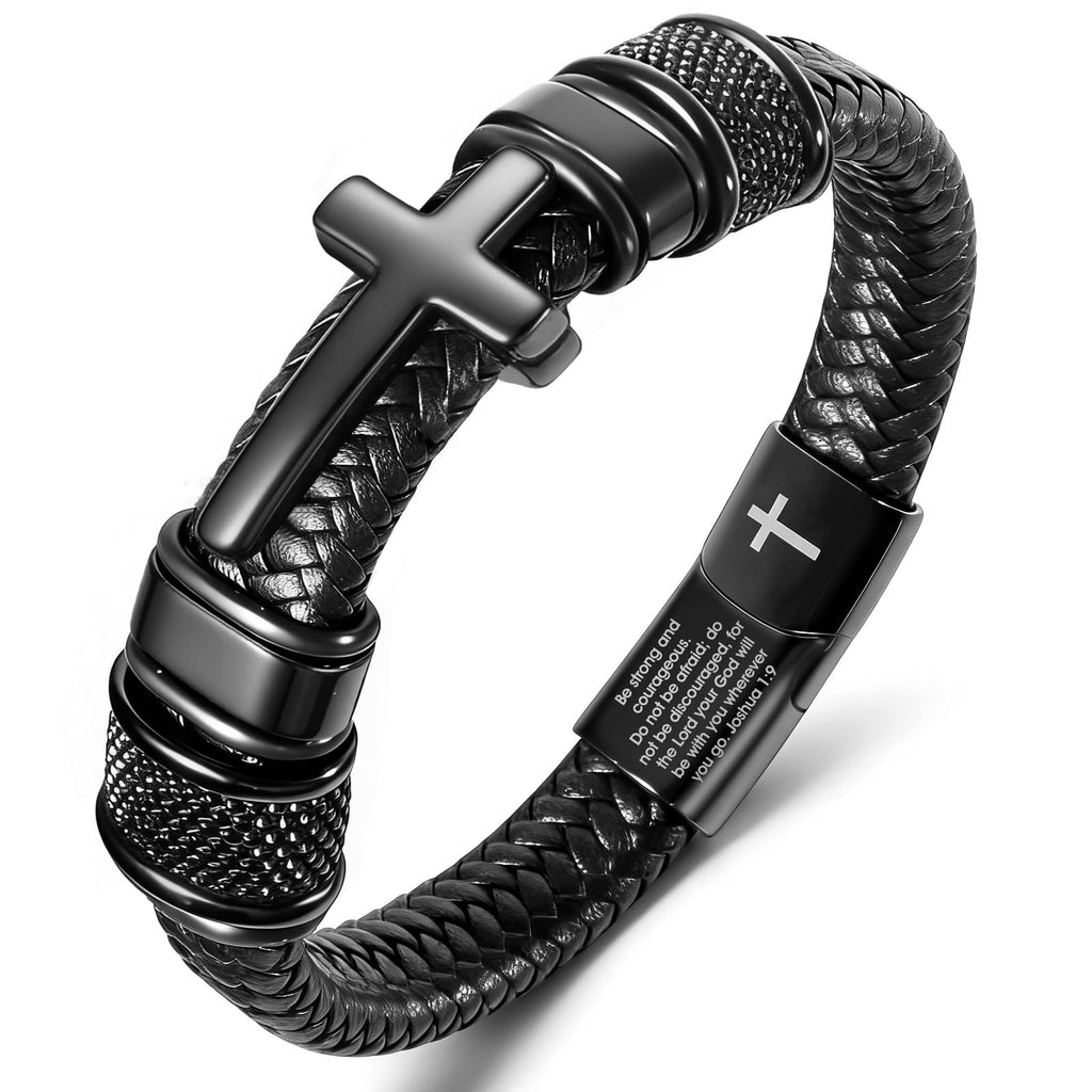 Enjoy Risingsun Mens Christian Bracelet, Cross Bracelet for Men, Gifts for Husband Dad Boyfriend Son, Engraved Bible Verse Jewelry, Stainless Steel Cross, Black Braided Leather Bracelets (Joshua 1:9)