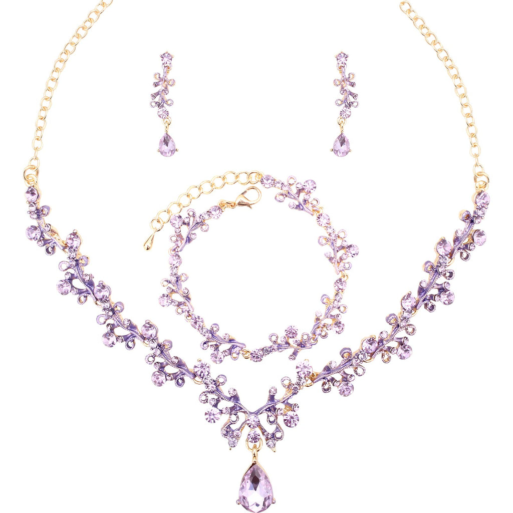 Enrwin 3Pcs Austrian Crystal Jewelry Set for Women, Necklace Dangle Earrings Link Bracelet Jewelry Set with Gold/Platinum/Gun Plated, Wedding Party Jewelry for Bridal Bridesmaid (Violet-Gold Plated)
