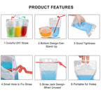 100 Pcs Drink Pouches with 100 Straw Holes, Freezable Juice Pouches, Translucent Reclosable Zipper Plastic Pouche Drink Bags for Cold & Hot Drinks for Adults and Kids World Cup Party