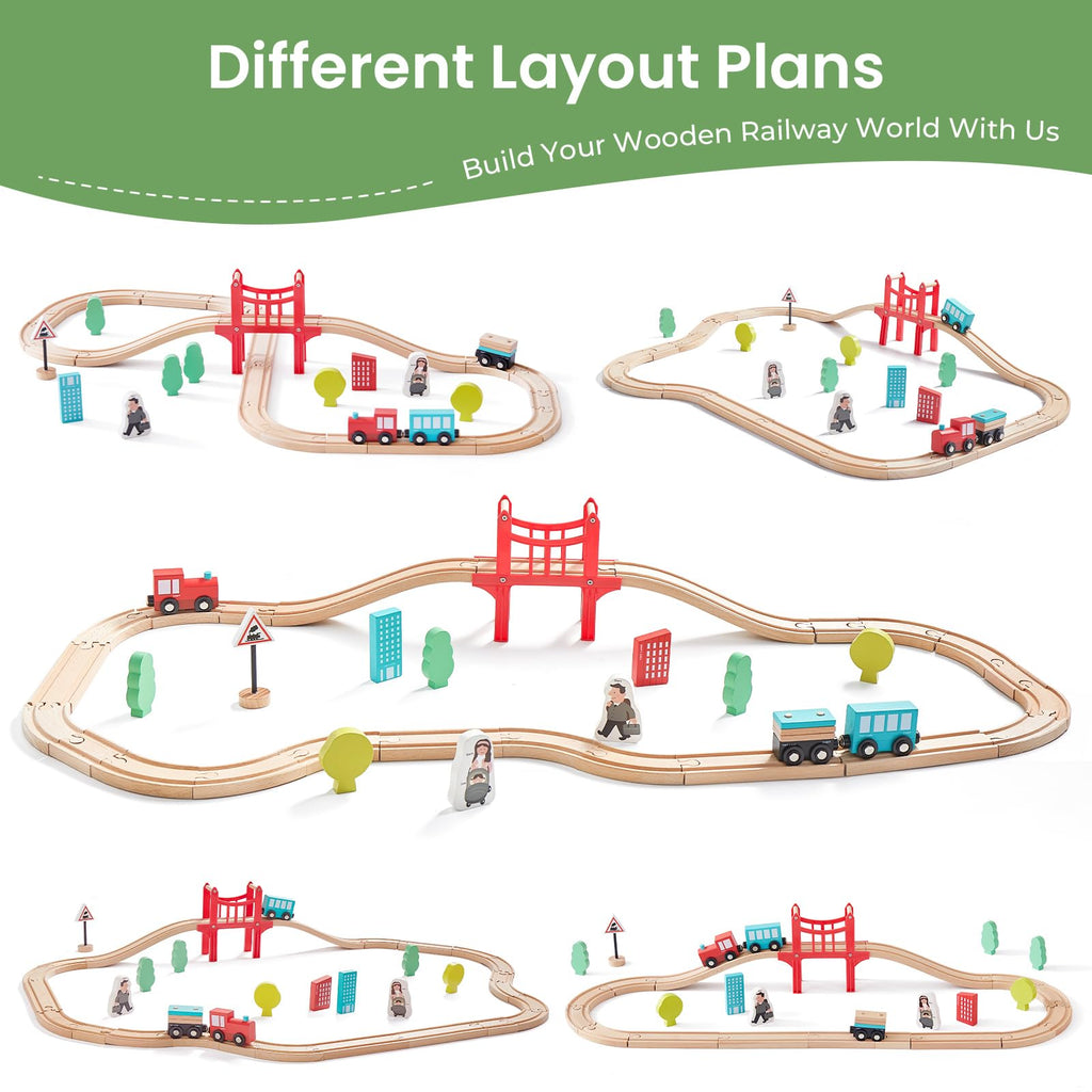 Tiny Land 39 Pcs Wooden Train Set for Toddler Ages3+ with Wooden Tracks
