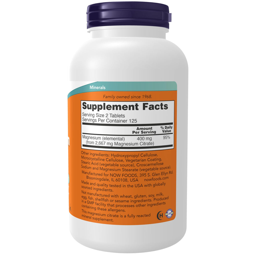 NOW Supplements, Magnesium Citrate 200 mg, Enzyme Function*, Nervous System Support*, 250 Count (Pack of 1)