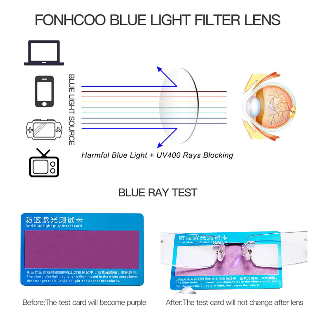 FONHCOO Blue Light Blocking Glasses - Unisex Lightweight Rimless Frameless Rectangle Computer Gaming Glasses - Anti Glare, Anti Fatigue