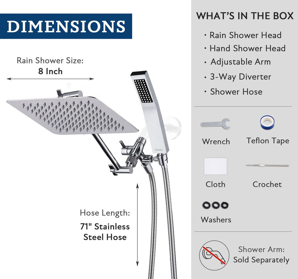 G-Promise All Metal 8 Inch Dual Square Shower Head with Handheld Spray Combo, Rain Shower Head, Adjustable Extension Arm, Smooth 3-Way Diverter, 71 Inch Extra Long Hose - A Bathroom Upgrade (Chrome)
