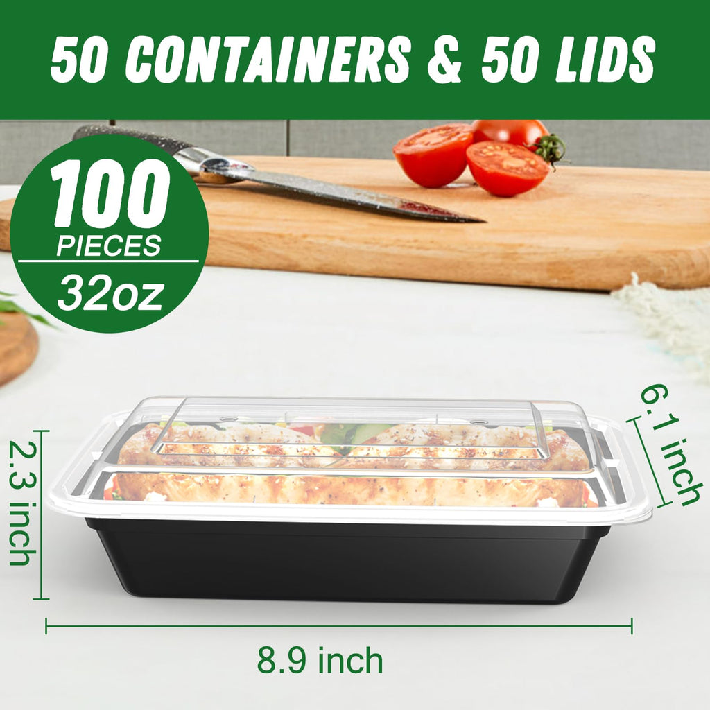 50 Pack (100-Piece) 32 oz Meal Prep Containers with Easy Open Lids, Black
