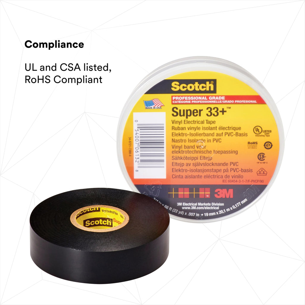 3M Scotch Super 33+ Electrical Tape, 3/4 in x 52 ft, 1 Roll, Black