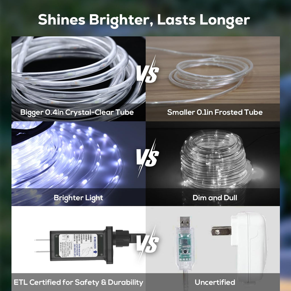 100Ft 720 LED Rope Lights for Outside with Remote & Plug - Cool White