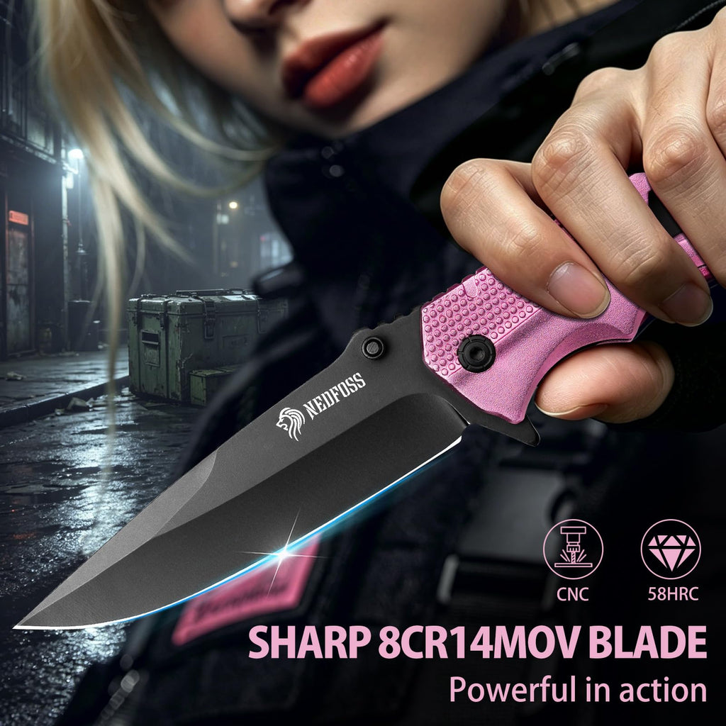 NedFoss FA48 Pink Pocket Knife for Women, 5-in-1 Tactical Knife with Clip, Glass Breaker, Seatbelt Cutter, Bottle Opener, Wrench, Aluminum Handle Survival Knife for Car Safety Essentials, Camping, Hunting
