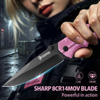 NedFoss FA48 Pink Pocket Knife for Women, 5-in-1 Tactical Knife with Clip, Glass Breaker, Seatbelt Cutter, Bottle Opener, Wrench, Aluminum Handle Survival Knife for Car Safety Essentials, Camping, Hunting