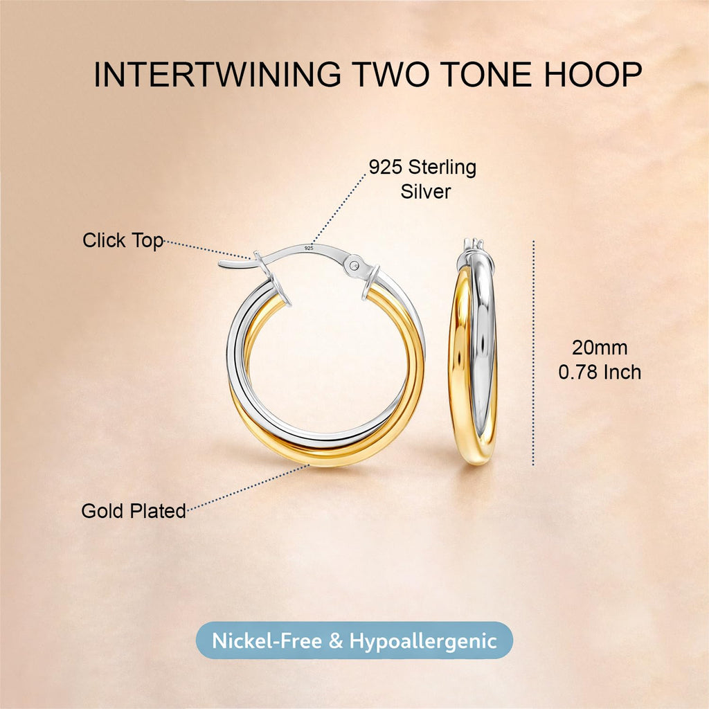 LeCalla 925 Sterling Silver Hoop Earrings for Women | Small 14K Gold-Plated Two-Tone Click-Top Intertwined Chunky Earring Hoops - 20MM