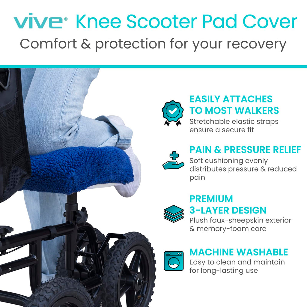 Vive Mobility Knee Scooter Pad Cover - Soft Plush Adult Sheepskin Memory Foam Cushion, Walker Accessory for Knee Roller, Padded Accessories Leg Cart Improves Comfort with Injury, Universal Fit (Blue)