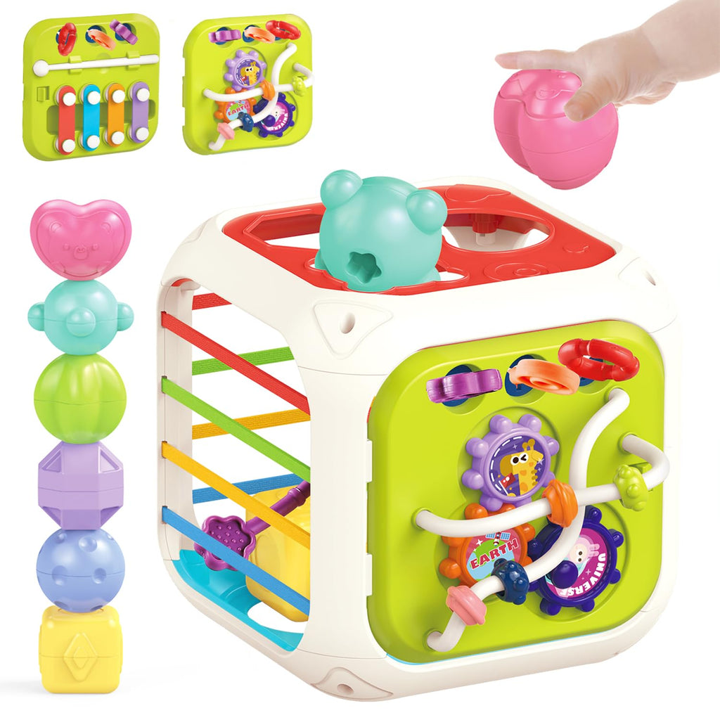 MINGKIDS 7 in1 Sensory Development Multifunctional Sensory Teething Toys for 1 2 Year Old Boy Girl,Shape Sorter Pull String Travel Car Toys for 12 Month