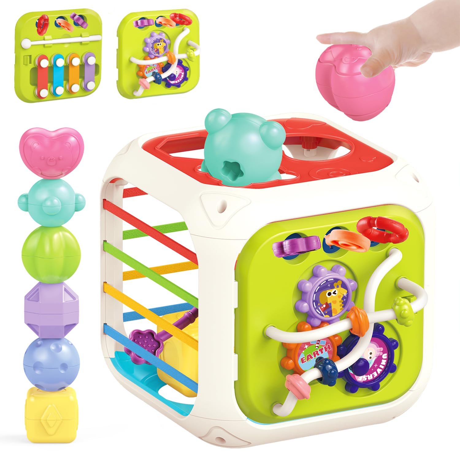 MINGKIDS 7 in1 Sensory Development Multifunctional Sensory Teething Toys for 1 2 Year Old Boy Girl,Shape Sorter Pull String Travel Car Toys for 12 Month