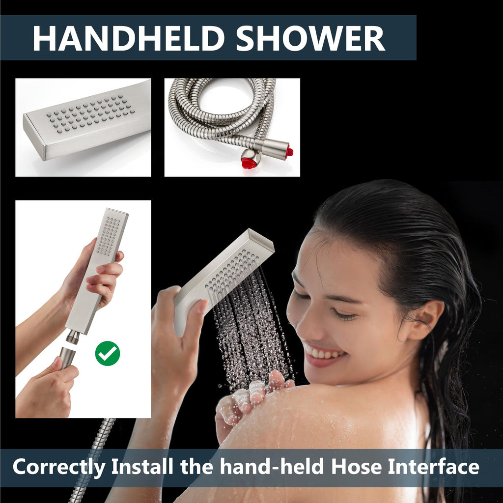 Aolemi Shower Faucet Set Rain Shower System with Handheld Spray Bathroom Shower Combo Rough-in Valve and Shower Trim Kit Included Brushed Nickel 16 Inch Wall Mount Shower Head