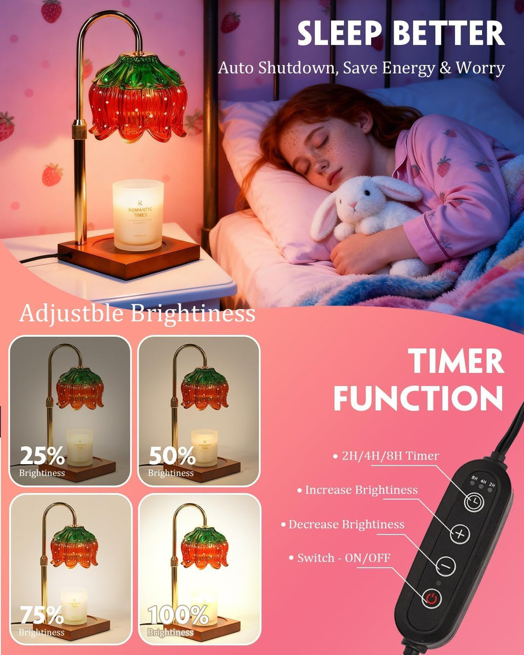 Strawberry Candle Warmer Lamp with Timer Dimmer, Adjustable Height Christmas Birthday Gifts for Women Mom House Warming Gifts New Home Bedroom Decor, Cute Candle Warmer Light for Jar Candles