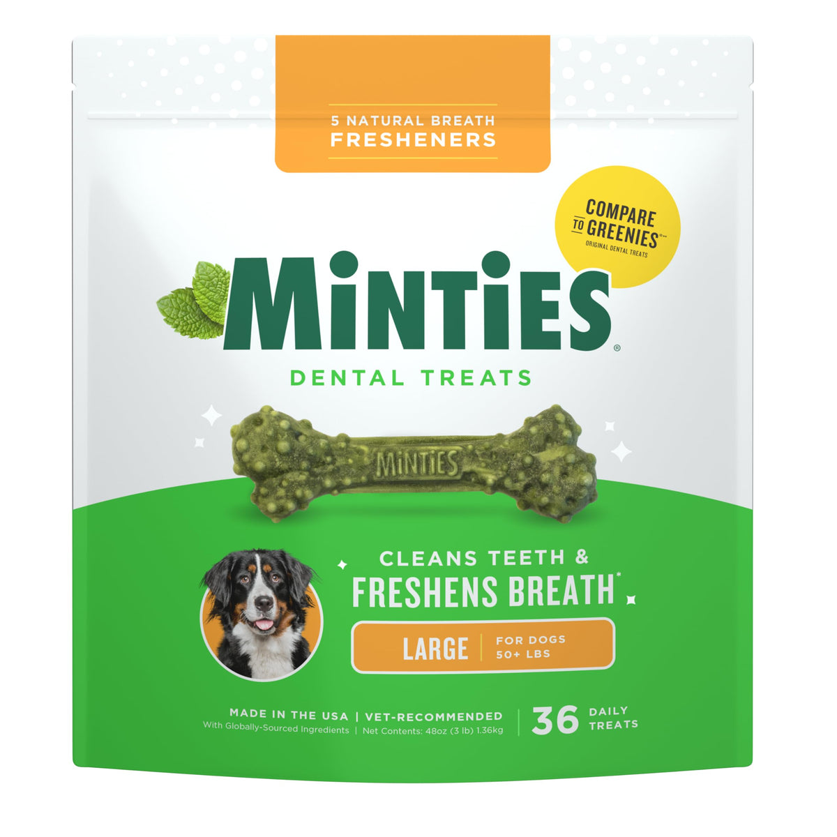 Minties Mint Dental Chews for Dogs, Large Breeds 50+ lbs, 36 Ct