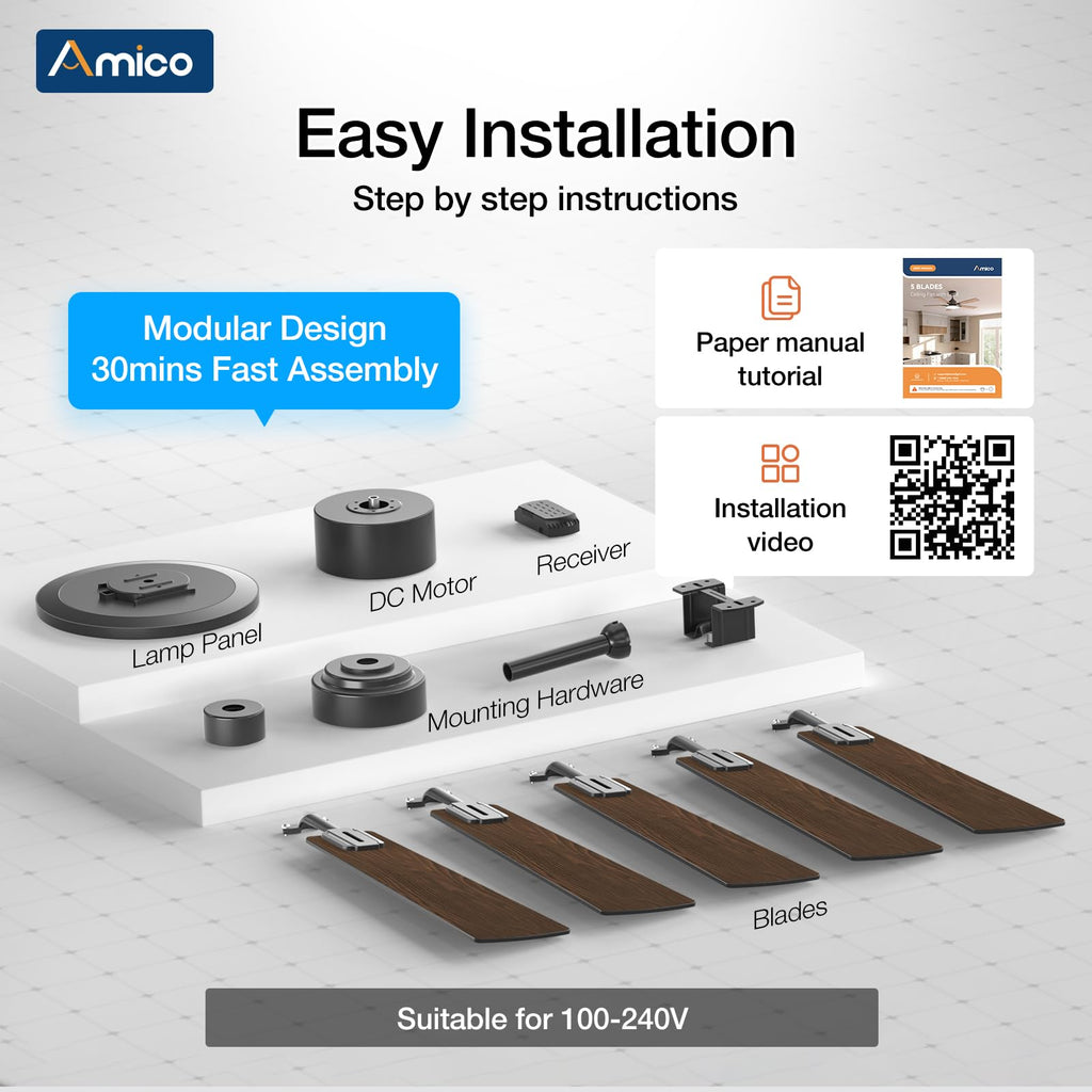Amico 52 Inch Smart Ceiling Fans with Lights, Downrod Mount, WiFi, Black