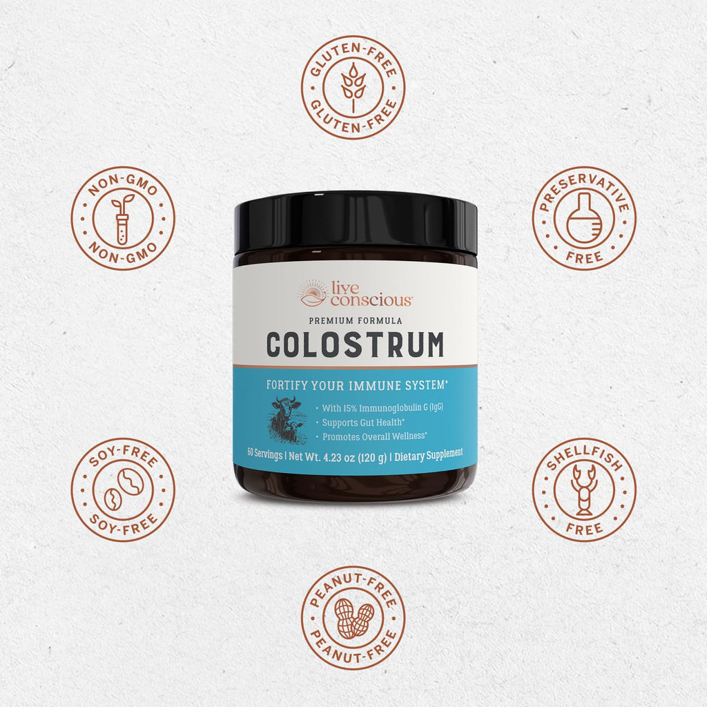 Live Conscious Colostrum Powder - Grass Fed Bovine Colostrum Supplement with Lactoferrin for Iron Absorption - Immune System Supplement (2-Pack)